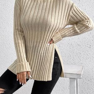 Frenchy Turtleneck Lettuce Trim Drop Shoulder Split Hem Sweater